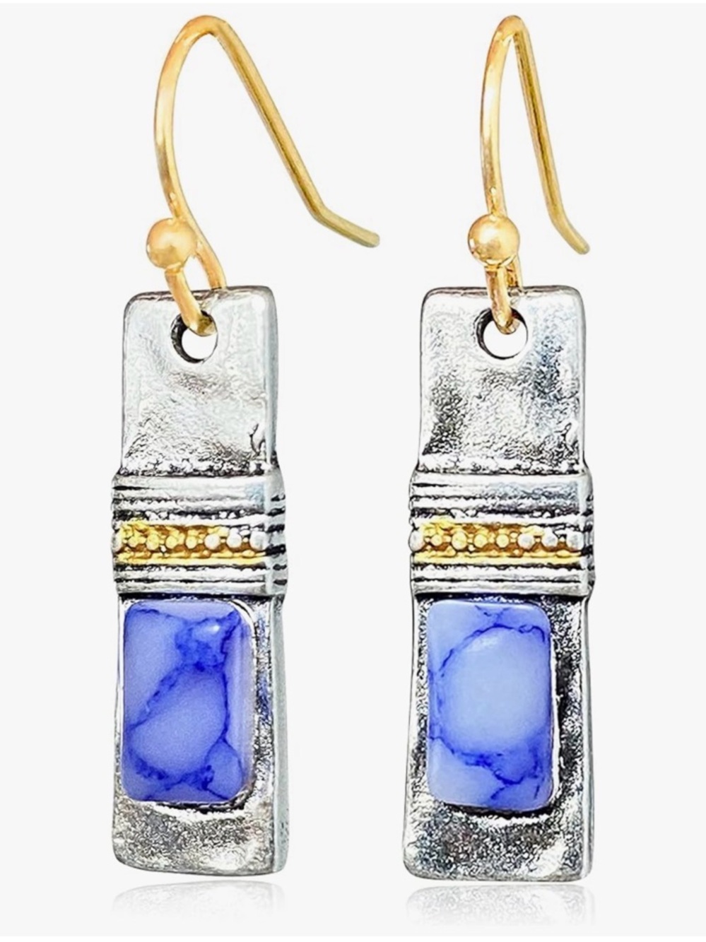 Blue Stone Drop Earrings Gold Rectangle Boho Artisan Statement